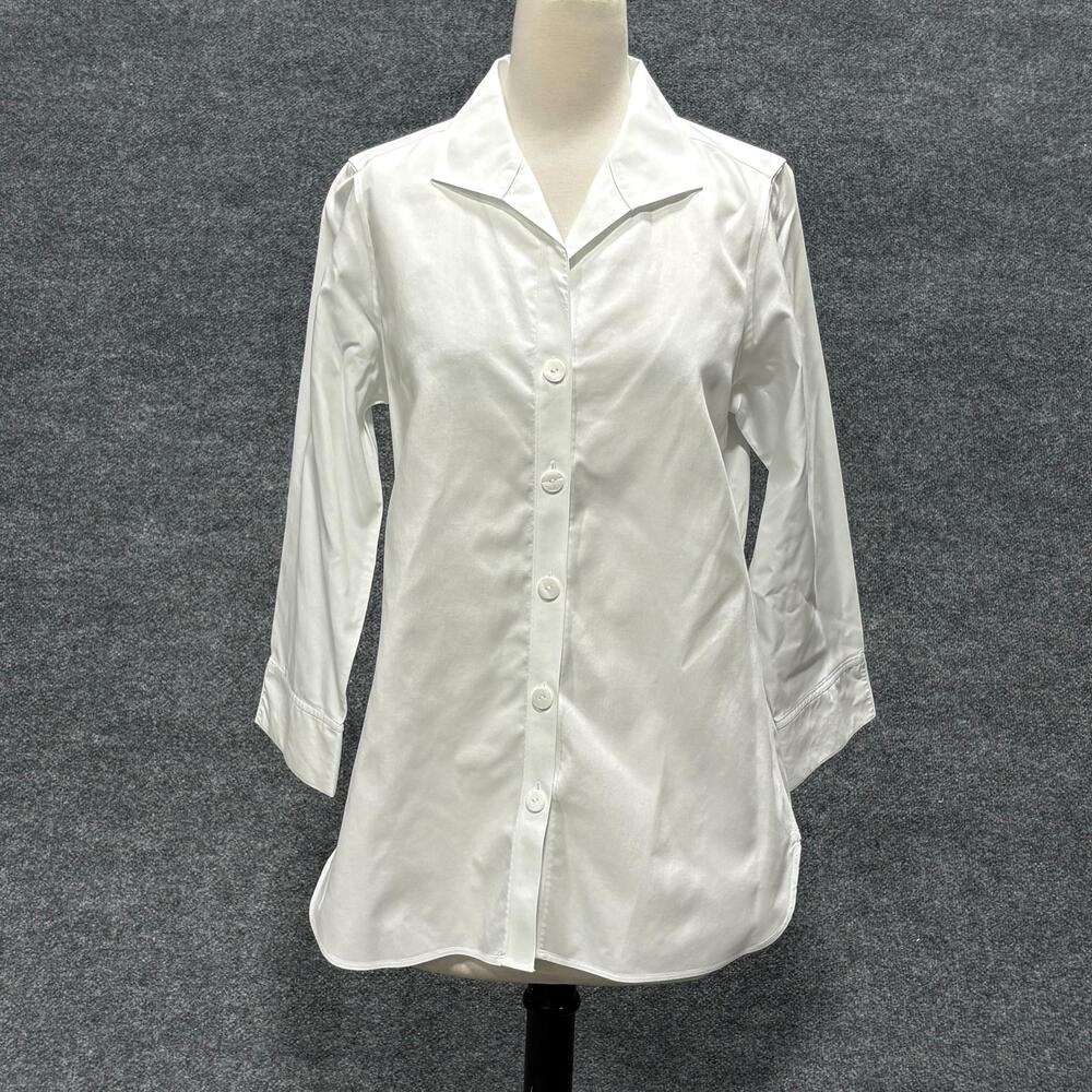 Foxcroft Shirt Womens 8 White Non Iron Button Front 3/4 Sleeve Tunic Top